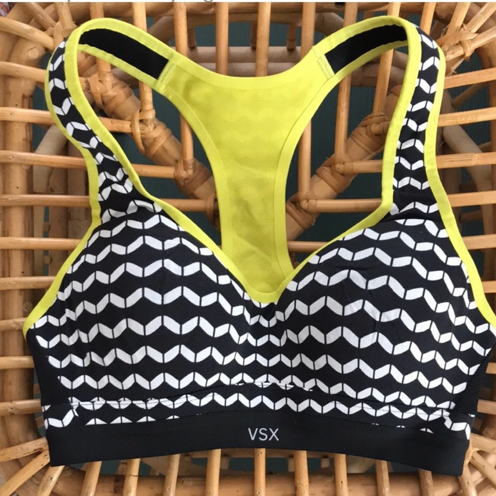 Victoria's Secret Black & White Patterned Sports Bra with Yellow Trim